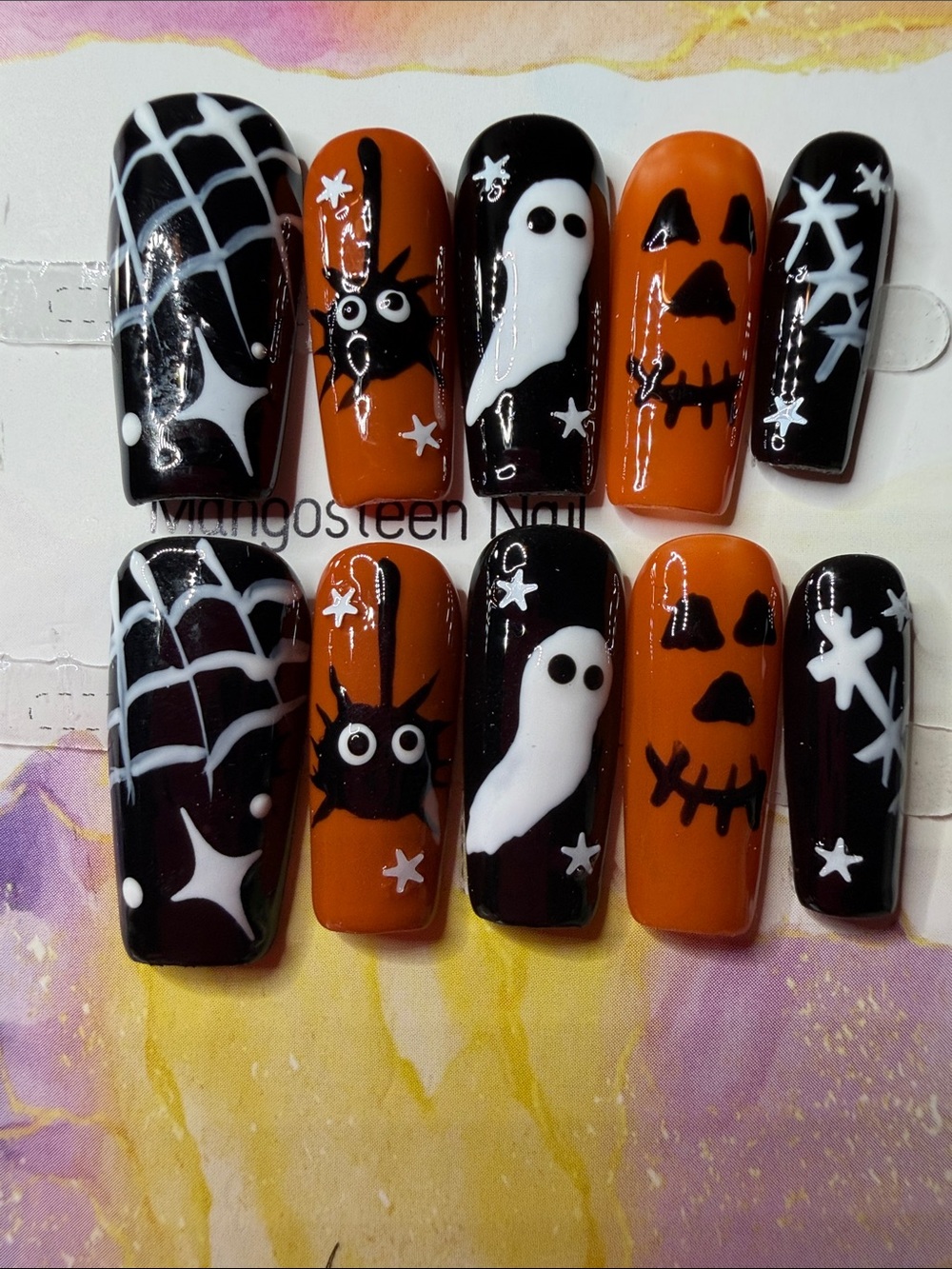 Halloween Press-On Nails for Women - Orange & Black Ghost Jack-O'-Lanterns